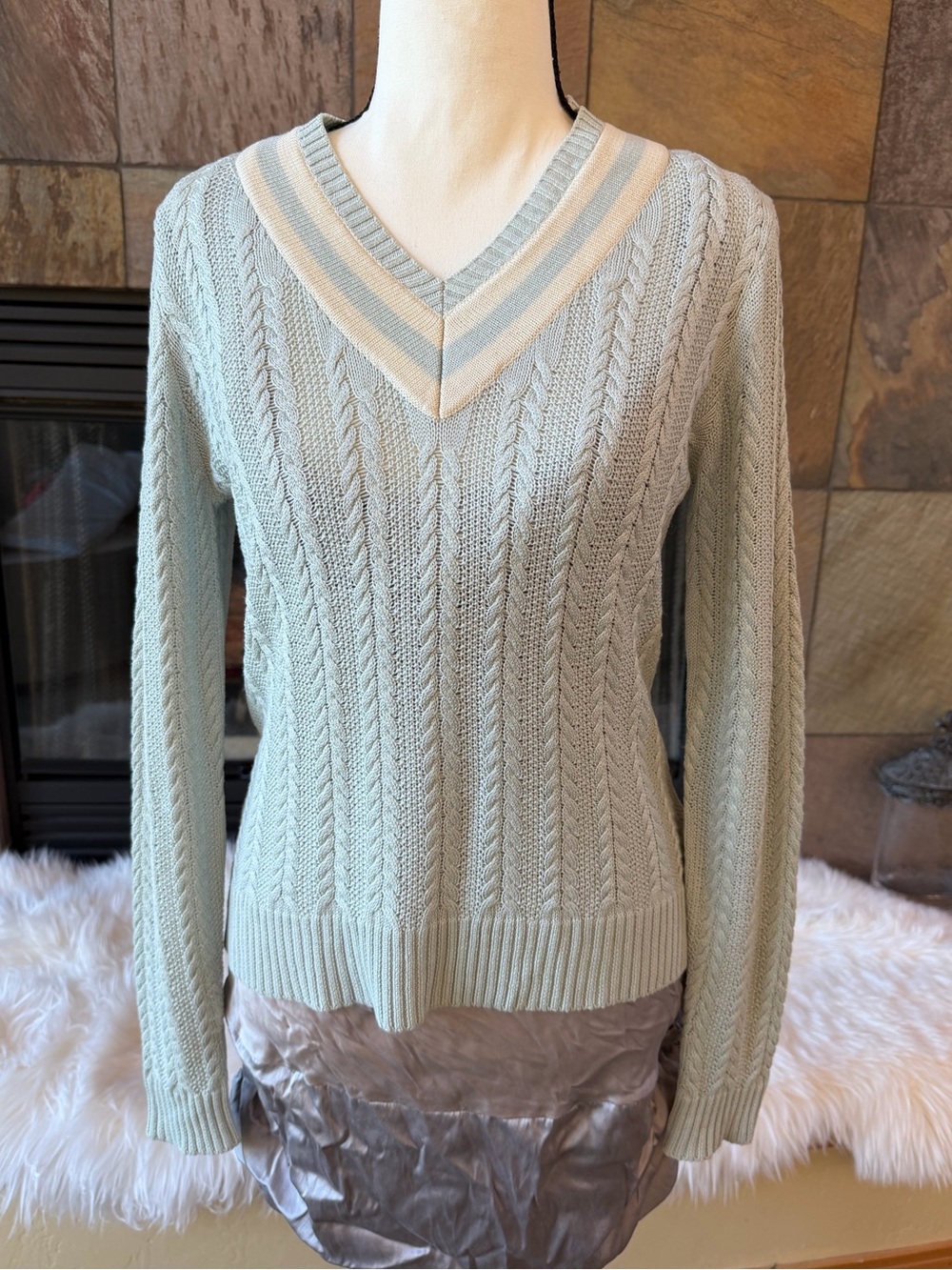 Vintage Ralph Lauren 100% Silk Cricket Sweater cable knit pullover V-neck blue S